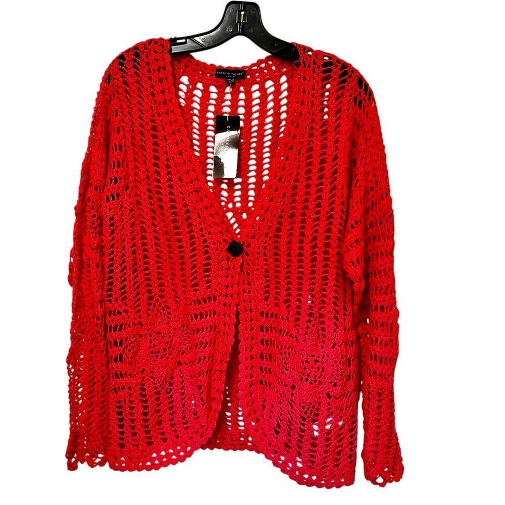 Carolyn Taylor Crochet Long Sleeve Salmon Pink Sweater Cardigan 2XL Cottagecore
